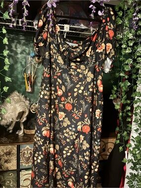 Cider Black Midi Dress with Red & Cream Floral Pomegranate Print